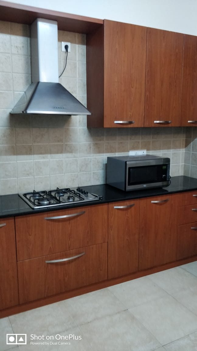 Wood finish kitchen with hob, chimney and microwave